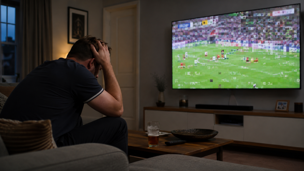 A frustrated British man in his 30s sitting on a sofa in a modern UK living room, leaning forward with both hands on his head, staring at a large wall-mounted smart TV showing a pixelated, frozen football match — visible digital blocky distortion across the screen. Evening lighting, a half-finished drink on the coffee table, tense body language. Photorealistic, cinematic, shallow depth of field, 16:9 ratio.