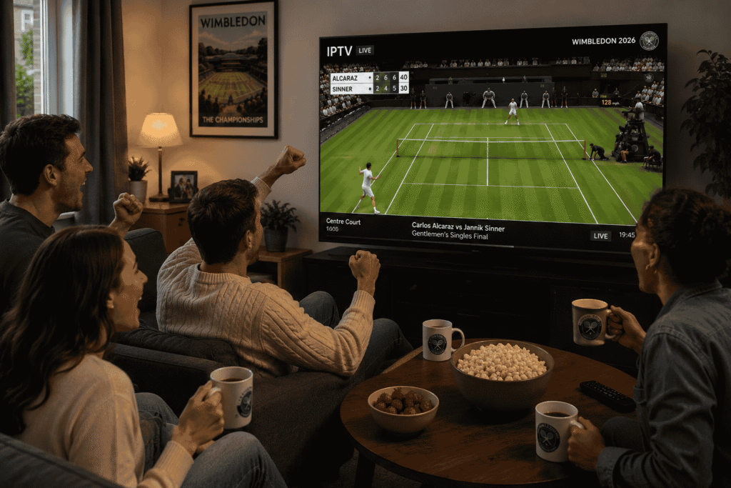 IPTV Wimbledon 2026: Watch Every Match Live in Full HD 4 [Friends watching the IPTV Wimbledon 2026 final together in a UK living room