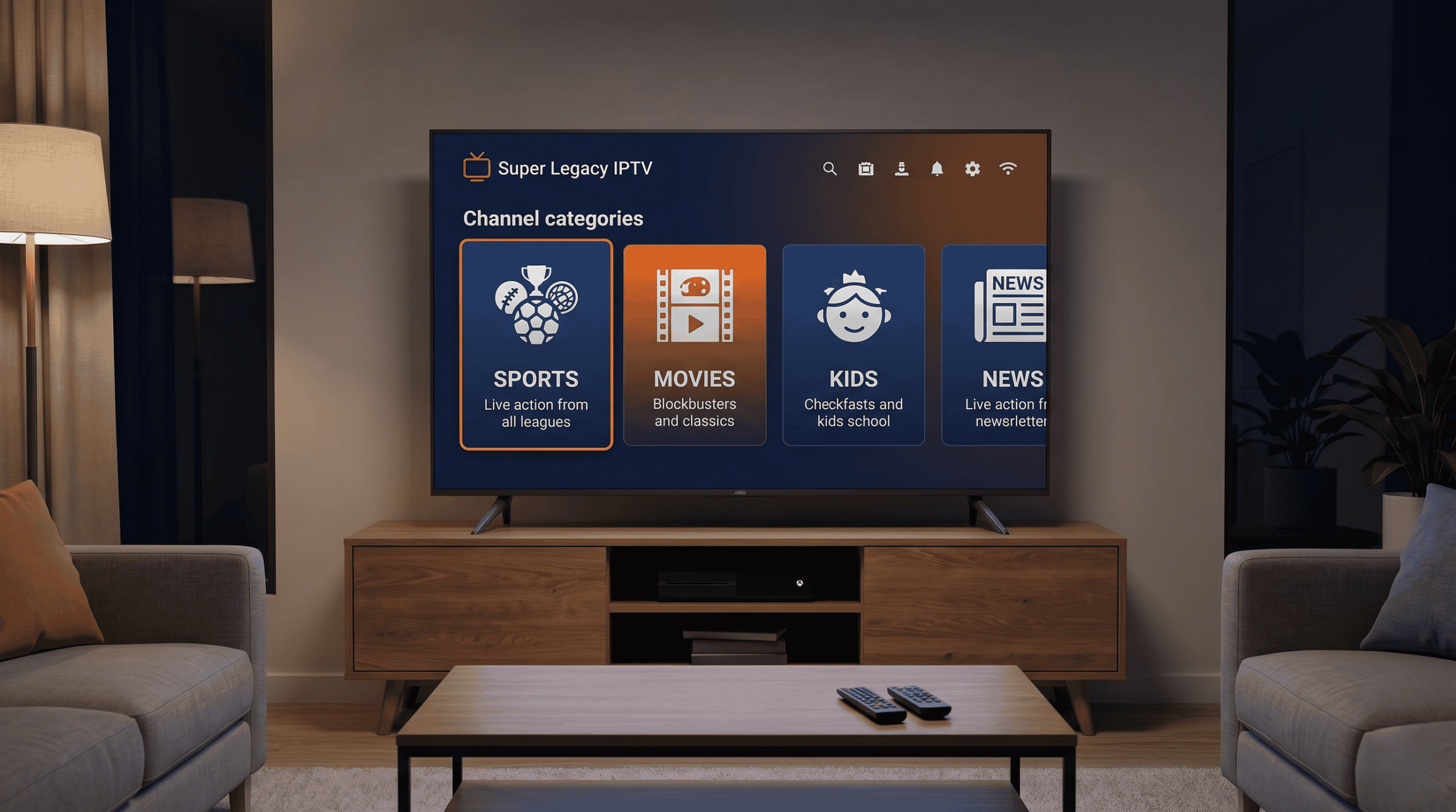 Super Legacy IPTV comparison showing different channel categories on a user interface