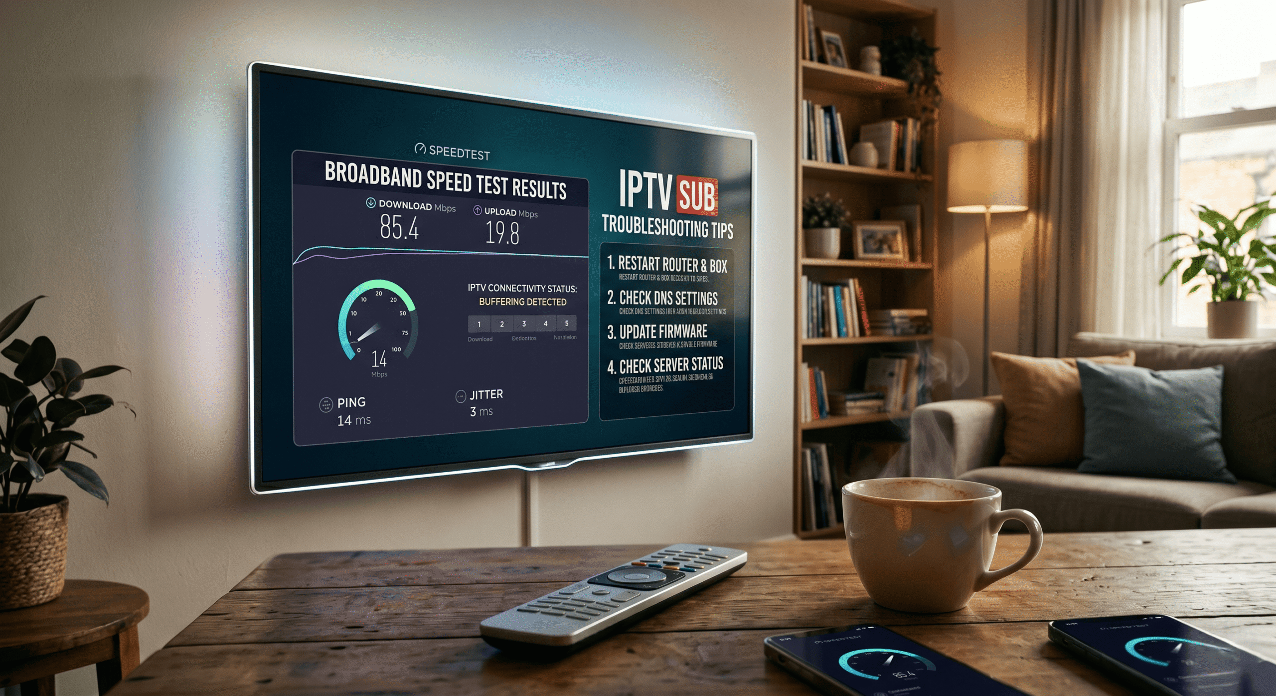 IPTV sub troubleshooting tips with broadband speed test results on screen