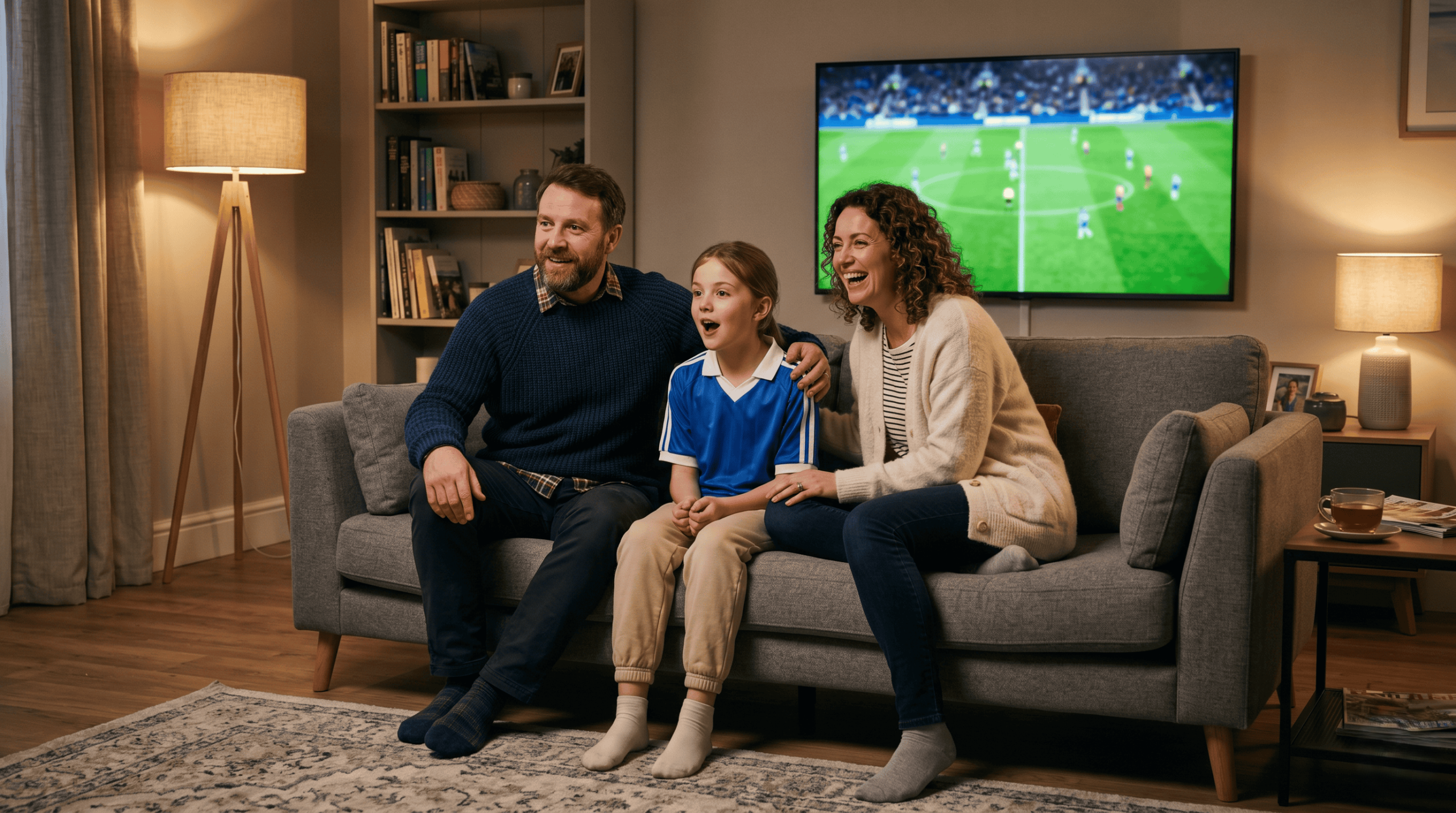 A UK viewer enjoying a 4k iptv stream on a large 
modern smart television in a stylish British living 
room
