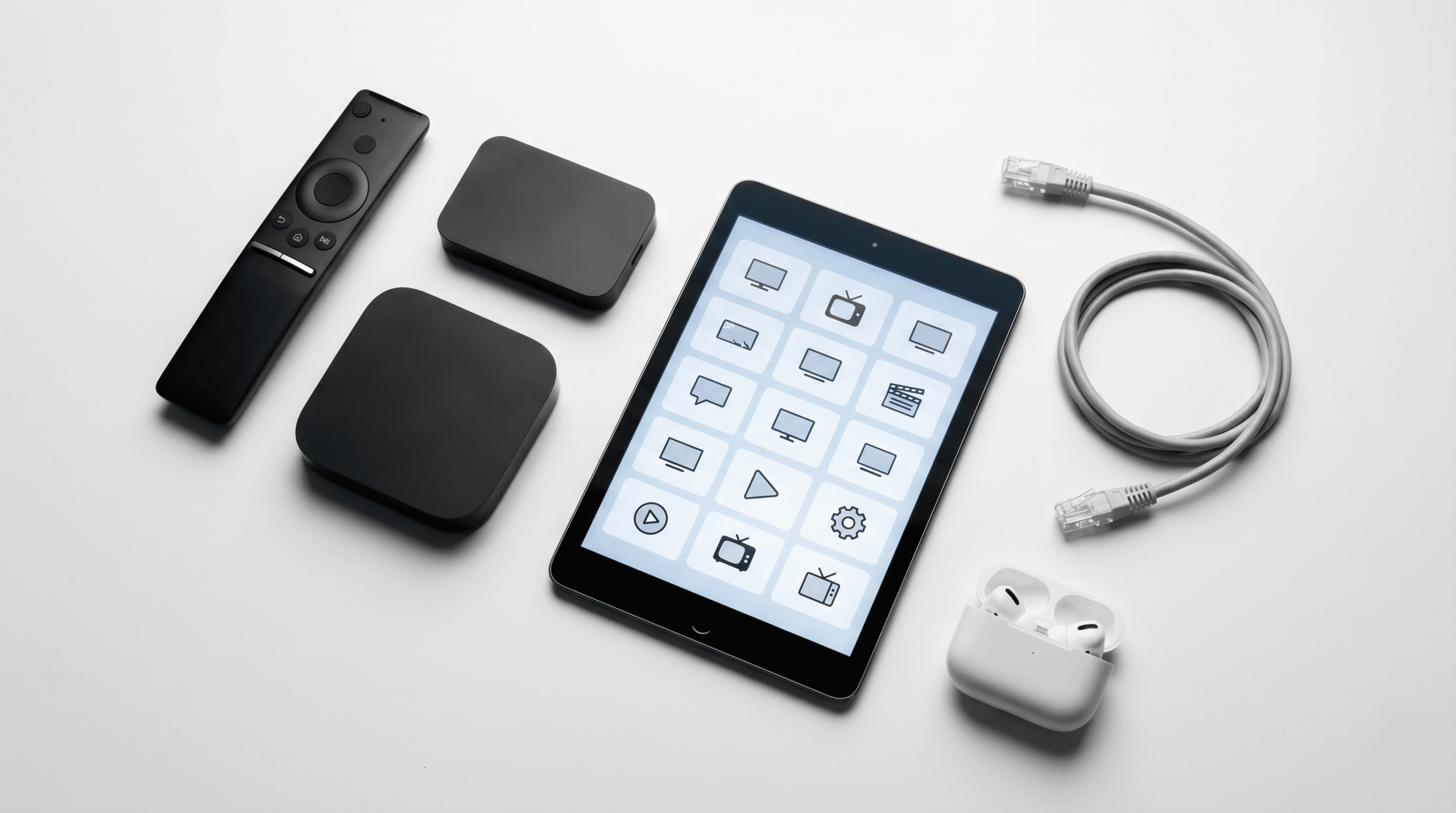 British IPTV streaming setup showing a modern living room with fibre broadband connection