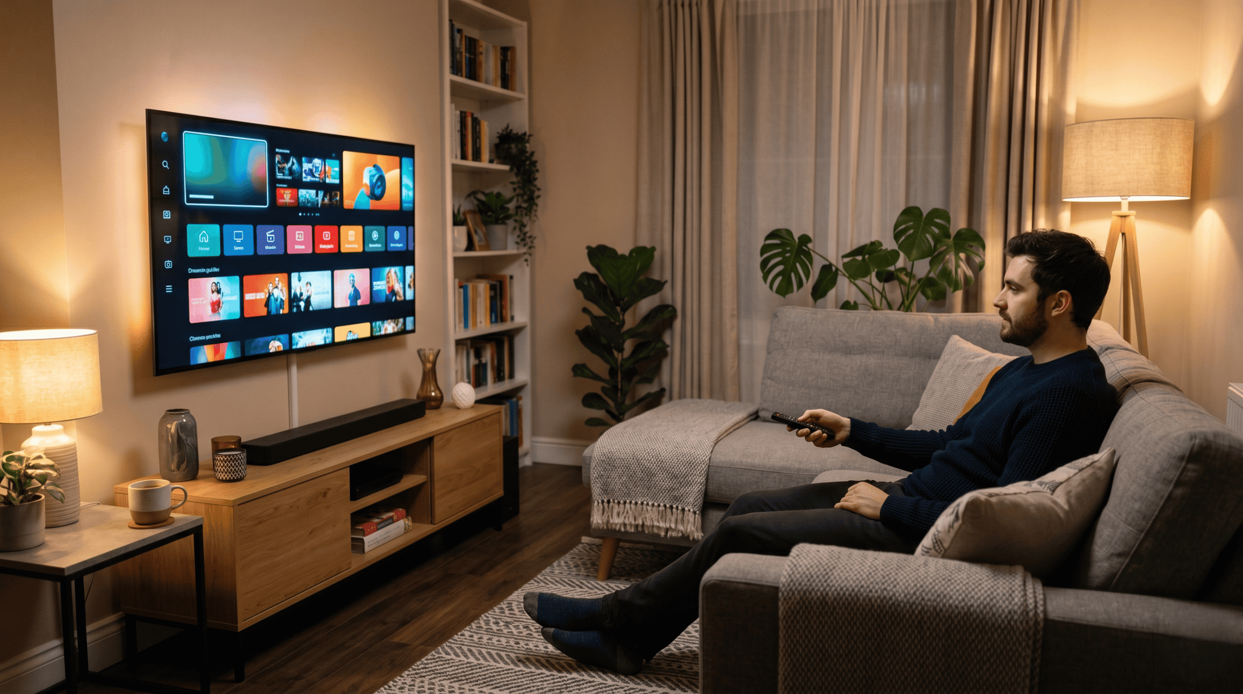A UK viewer relaxing on a sofa enjoying their 
annual iptv plan uk subscription on a modern smart 
television in a cosy British living room