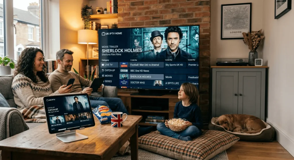 Best IPTV Provider UK: 7 Proven Services for 2026 4 best iptv provider uk family home viewing evening