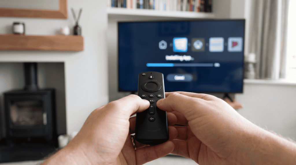 IPTV Trial: 7 Proven Steps to Test Before You Buy 25 Hands holding a streaming remote control while setting up the best iptv provider service on a home television using an app installation menu