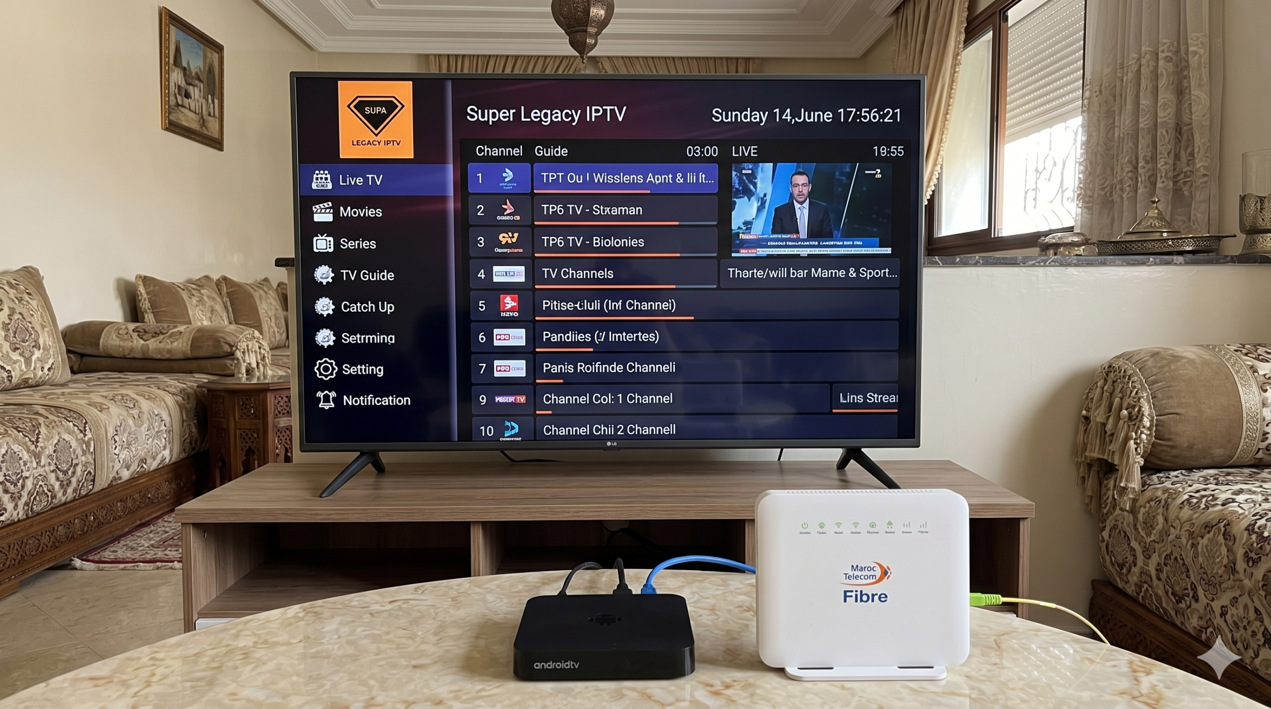 Super Legacy IPTV comparison showing different channel categories on a user interface