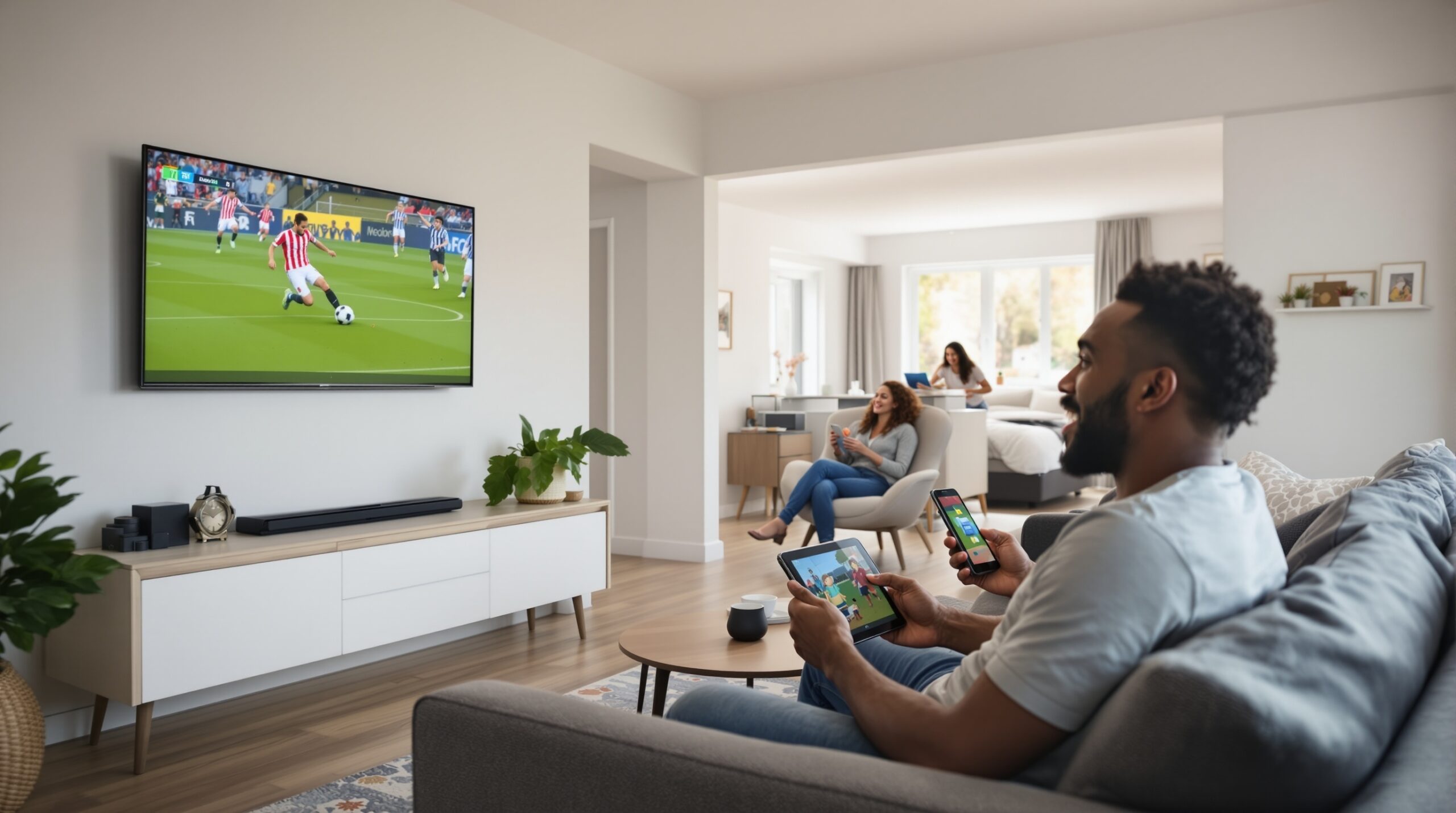 UK family enjoying IPTV with subscription on various screens throughout modern home
