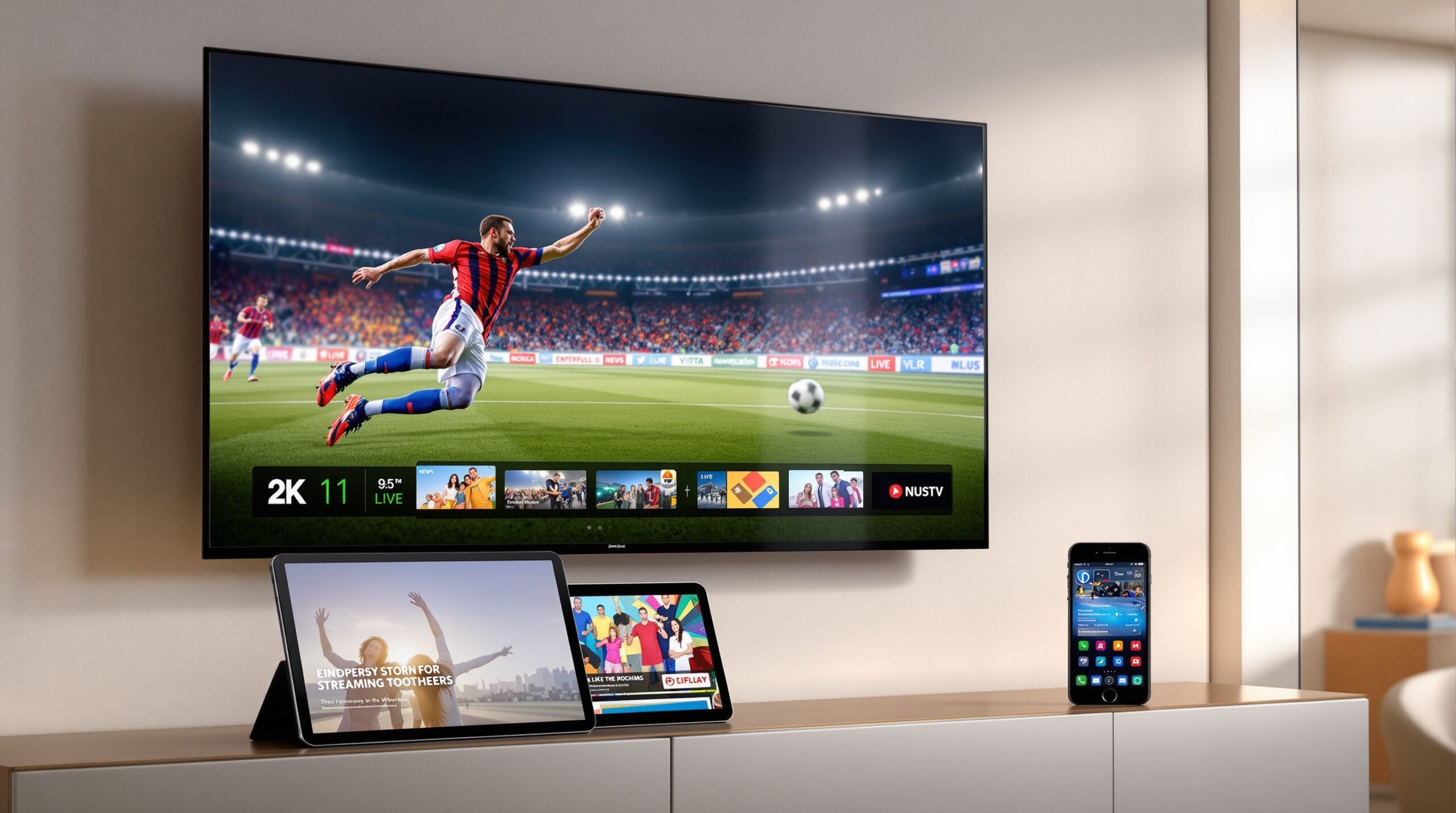 IPTV with subscription service streaming across tablet, smartphone, and television simultaneously