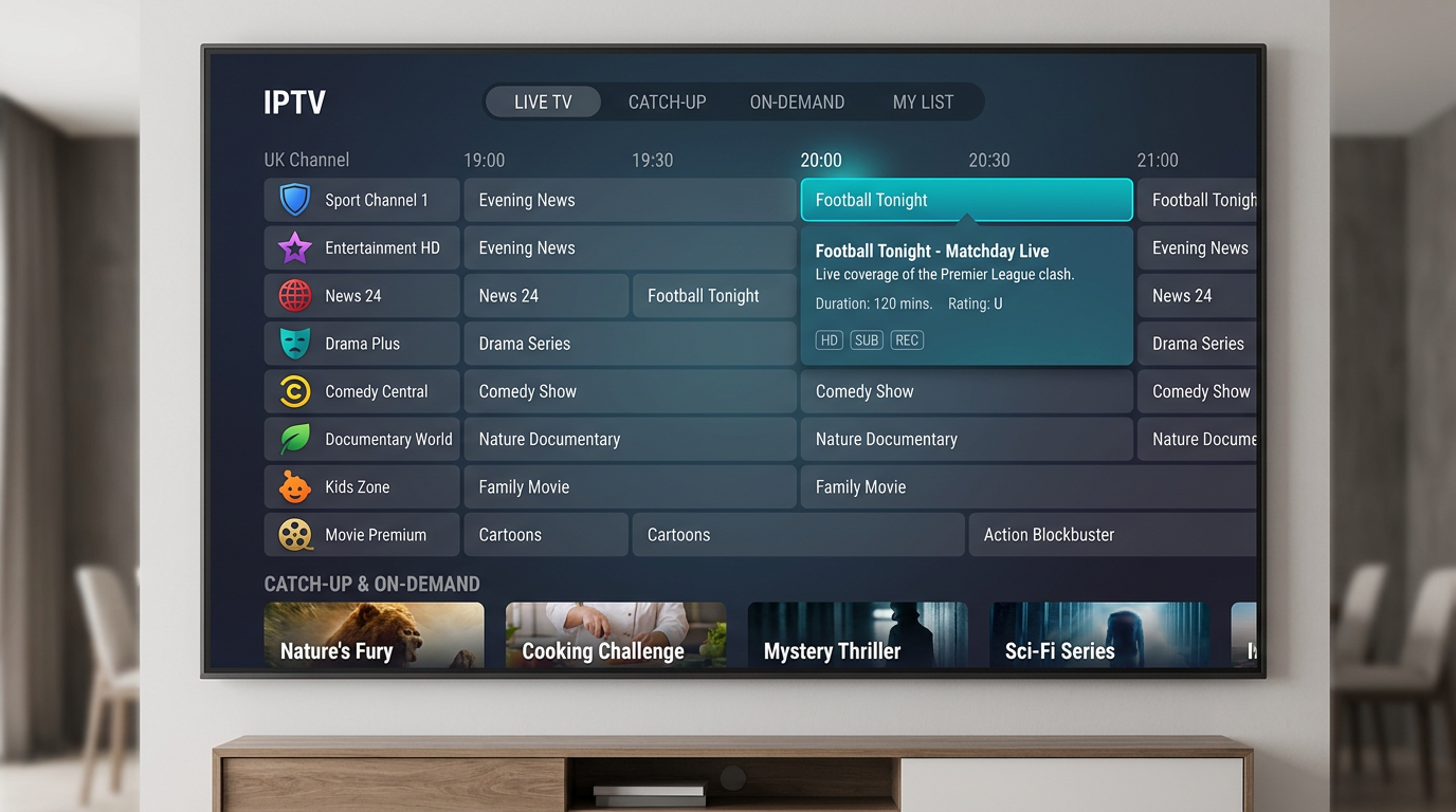 Modern IPTV with subscription electronic programme guide displaying UK channels and catch-up content